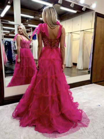 Fairy Sweetheart Fuchsia Tiered Tulle A Line Long Prom Dresses with Appliques
