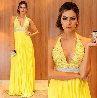 Women's Embroidered Halter Deep V - Neck Yellow Long Evening Dress