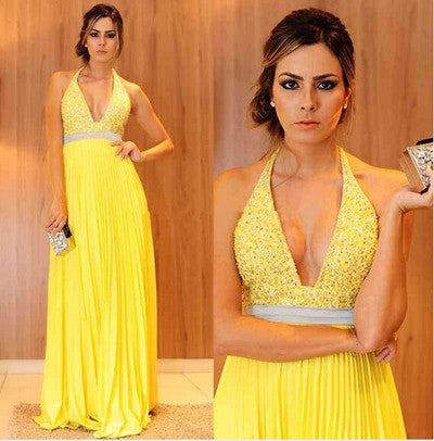 Women's Embroidered Halter Deep V - Neck Yellow Long Evening Dress
