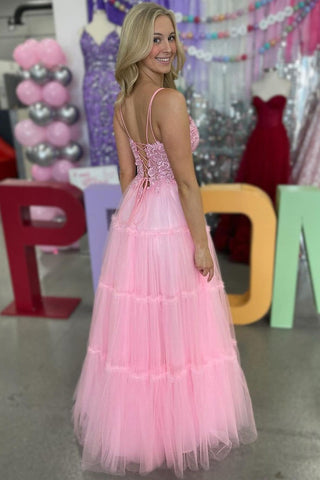 Spaghetti Straps Pink Tulle A-Line Long Prom Dress with Appliques