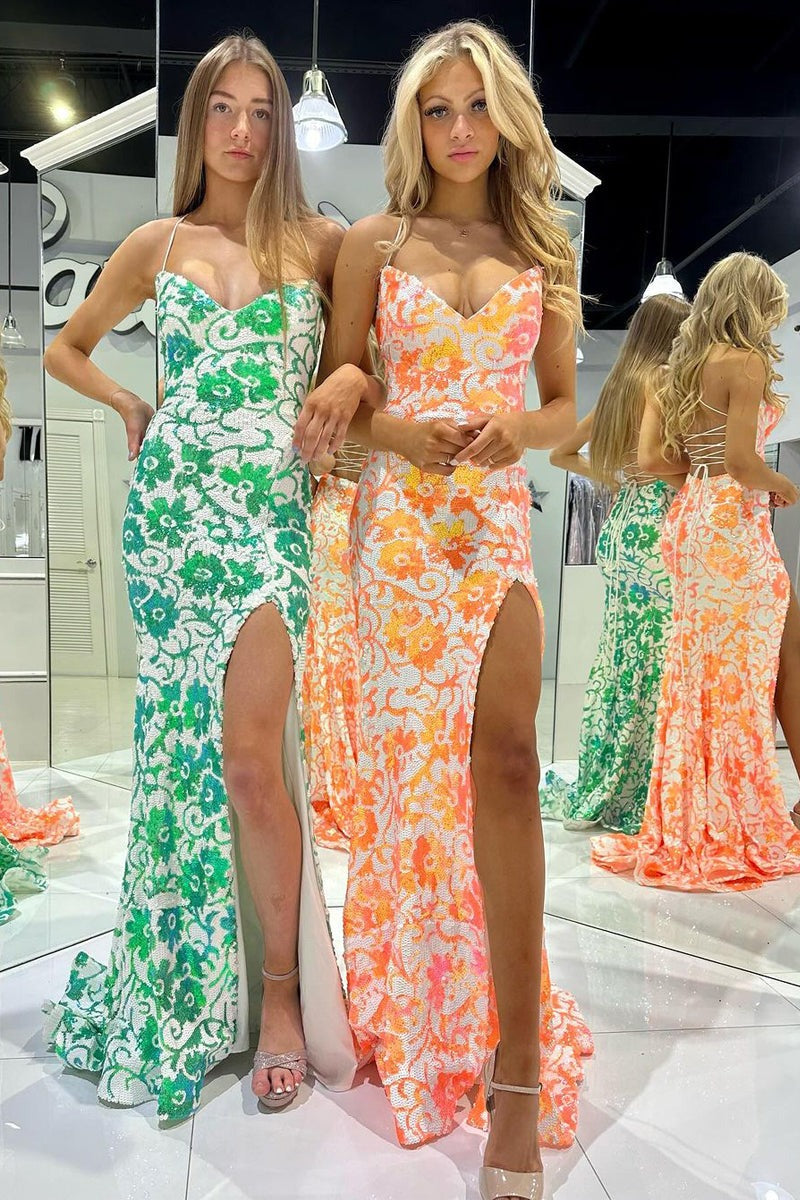 Green Sequin Lace V Neck Mermaid Prom Dresses