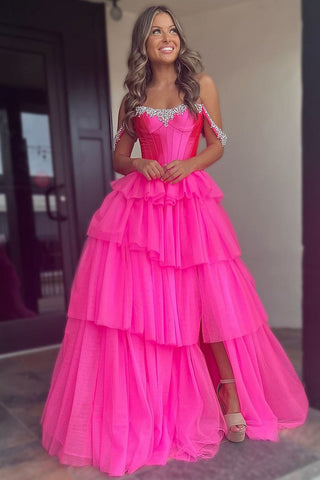 Cute Off the Shoulder Hot Pink Tulle A Line Long Prom Dresses with Beading