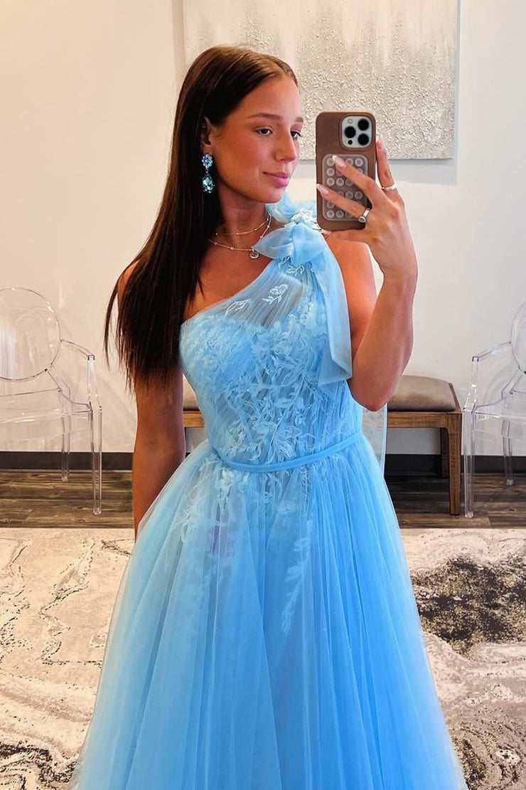 One Shouledr Tulle Long Light Blue Prom Dress with Appliques