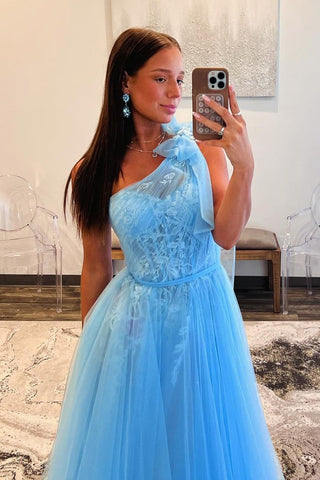 One Shouledr Tulle Long Light Blue Prom Dress with Appliques