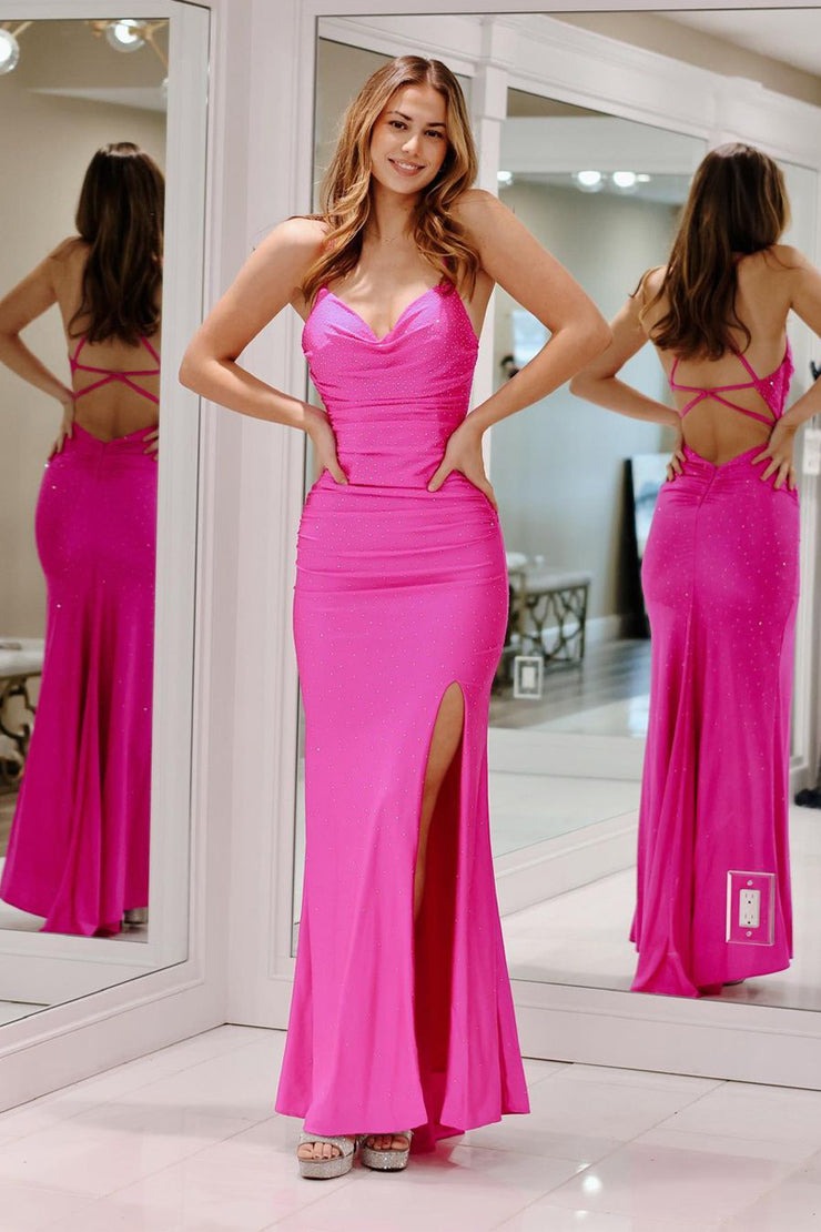 Mermaid Cowl Neck Satin Long Fuchsia Prom Dress with Beading