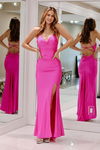 Mermaid Cowl Neck Satin Long Fuchsia Prom Dress with Beading