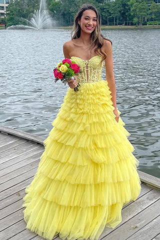 Charming Strapless Yellow Ruffle Tiered Tulle A-Line Long Prom Dress