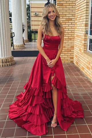 Charming Scoop Neck Red Satin A Line Prom Dresses with Slit