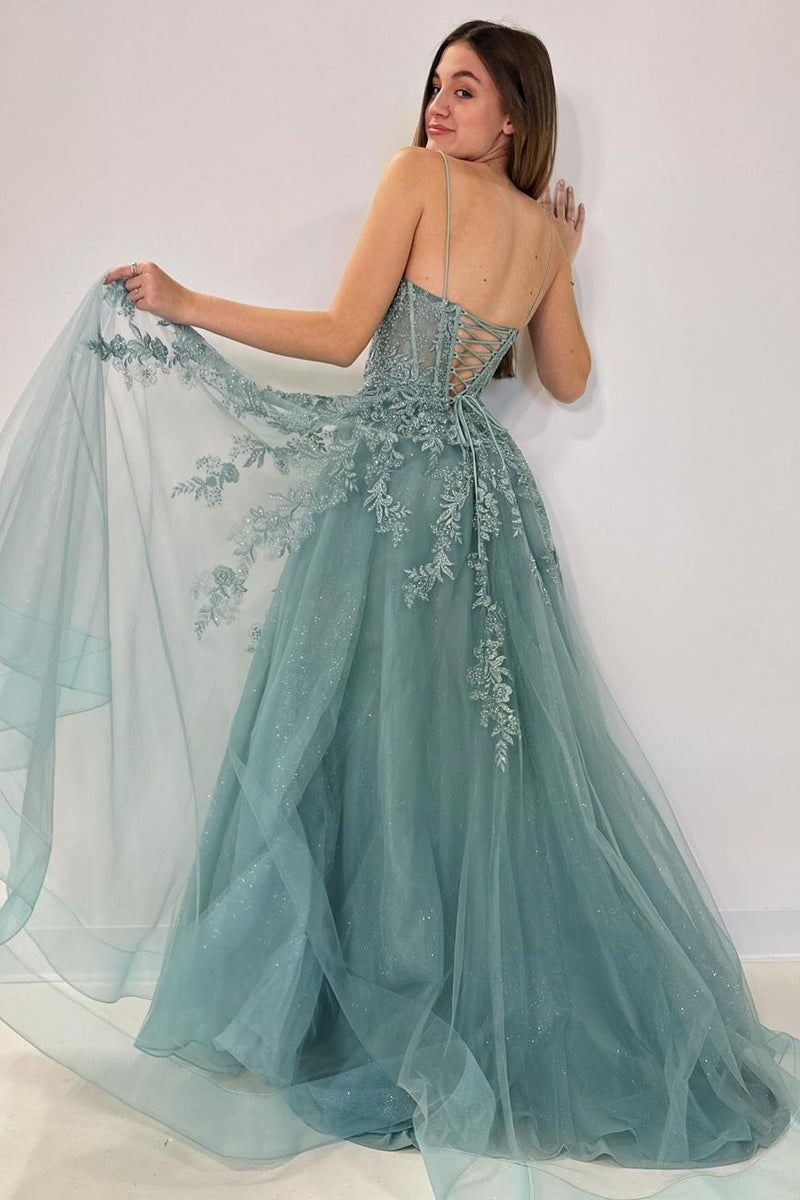 A-Line Sweetheart Spaghetti Straps Tulle Long Prom Dresses with Appliques
