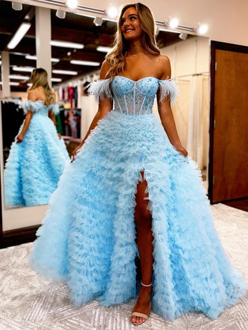 A Line Long Tiered Tulle Sweetheart   Prom Dress With Slit