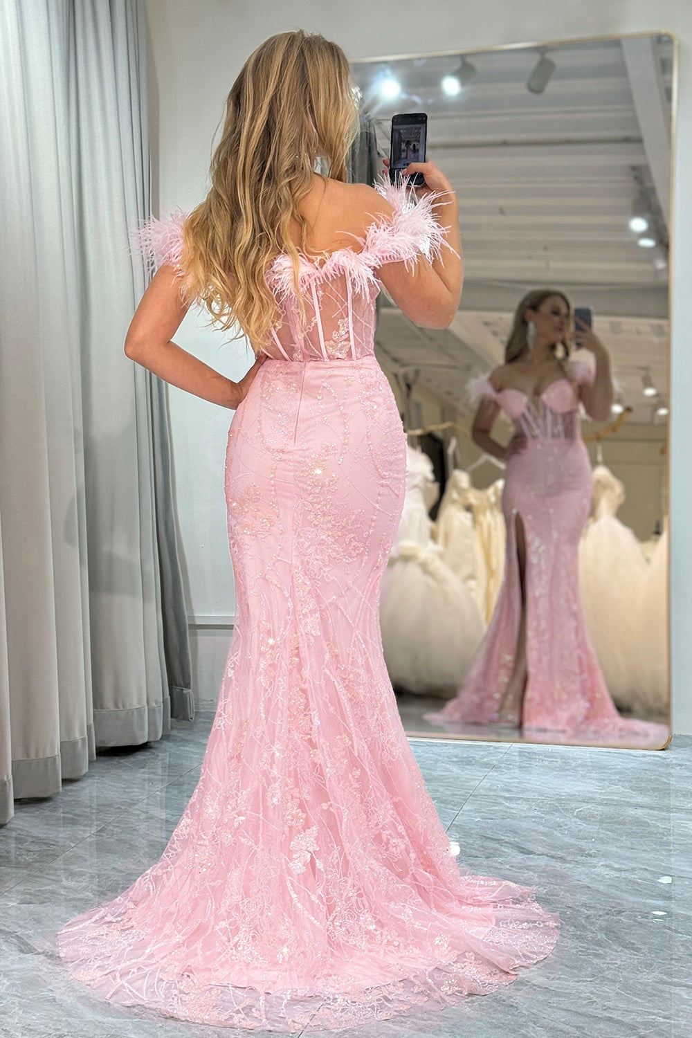 Mermaid Pink Off the Shoulder Corset Prom Dress with Slit