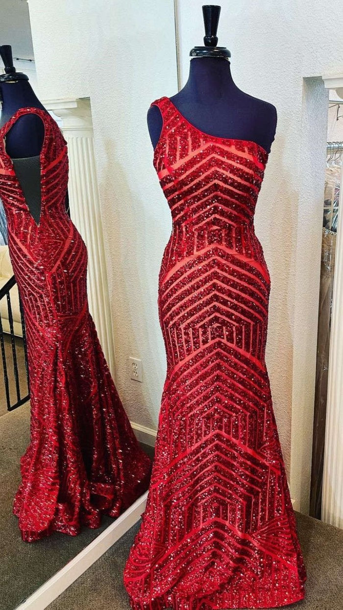 One Shoulder Mermaid Unique  Sequins Prom Dress