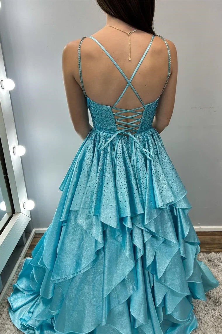 Beaded Multi-Layer Ruffle Satin Aqua Blue Long Prom Dress