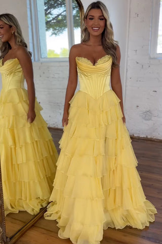 Gorgeous A Line Sweetheart Blue Tiered Chiffon Long Prom Dresses