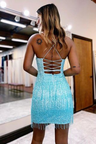 Short Sheath Spaghetti Straps Sky Blue  Homecoming Dress with Tassel