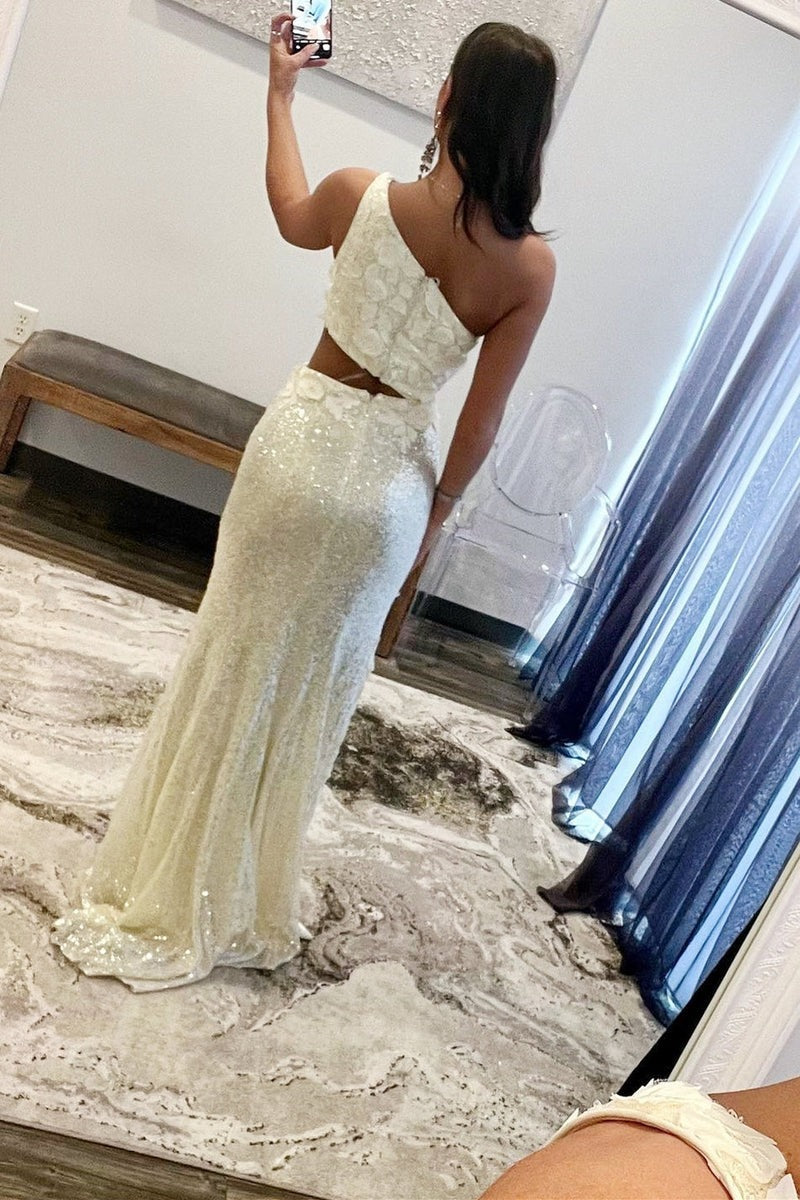 One Shoulder Sheath  Sequins Prom Dress with 3D Appliques
