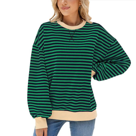 Autumn and winter striped round neck contrasting loose long sleeved sweatshirt jacket for women