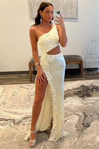 One Shoulder Sheath  Sequins Prom Dress with 3D Appliques