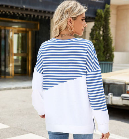 Autumn and winter new solid color round neck contrasting striped long sleeved sweatshirt jacket for women