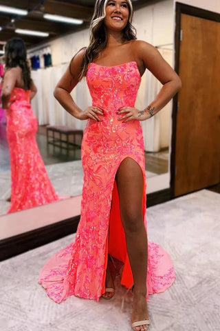 Cute Sheath Mermaid Scoop Neck Coral Sequins Prom Dresses