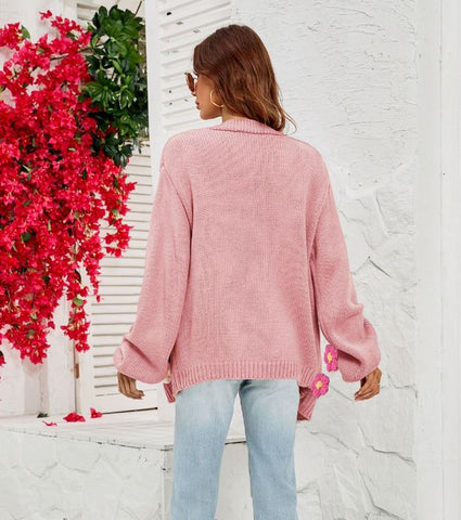 Large size flower cardigan lantern sleeve knitted sweater