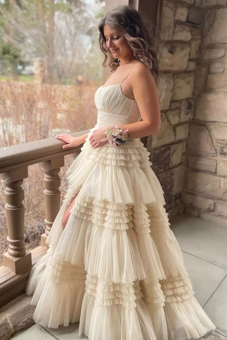 Cute Champagne Ball Gown Scoop Neck Tiered Tulle Prom Dress wirh Slit
