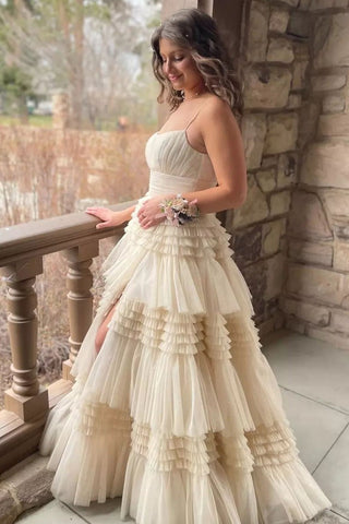 Cute Champagne Ball Gown Scoop Neck Tiered Tulle Prom Dress wirh Slit