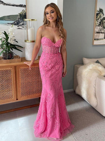 Lace Mermaid Strapless  Prom Dress With Appliques