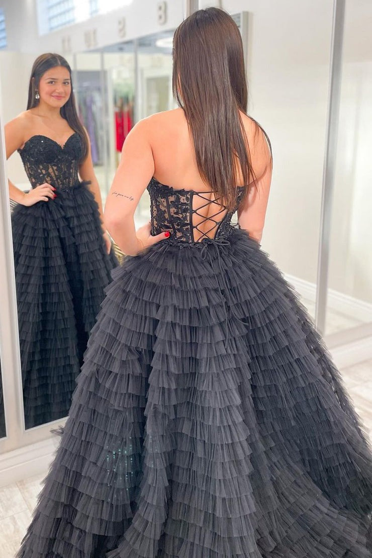 Black Strapless Ruffle Tiered Tulle Long Prom Dress with Appliques