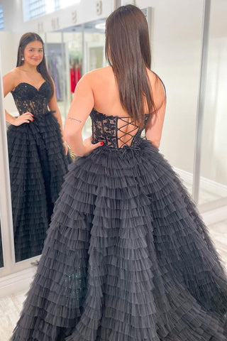Black Strapless Ruffle Tiered Tulle Long Prom Dress with Appliques