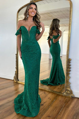 Elegant Dark Green Mermaid Sweetheart Lace Long Prom Dresses with Beading