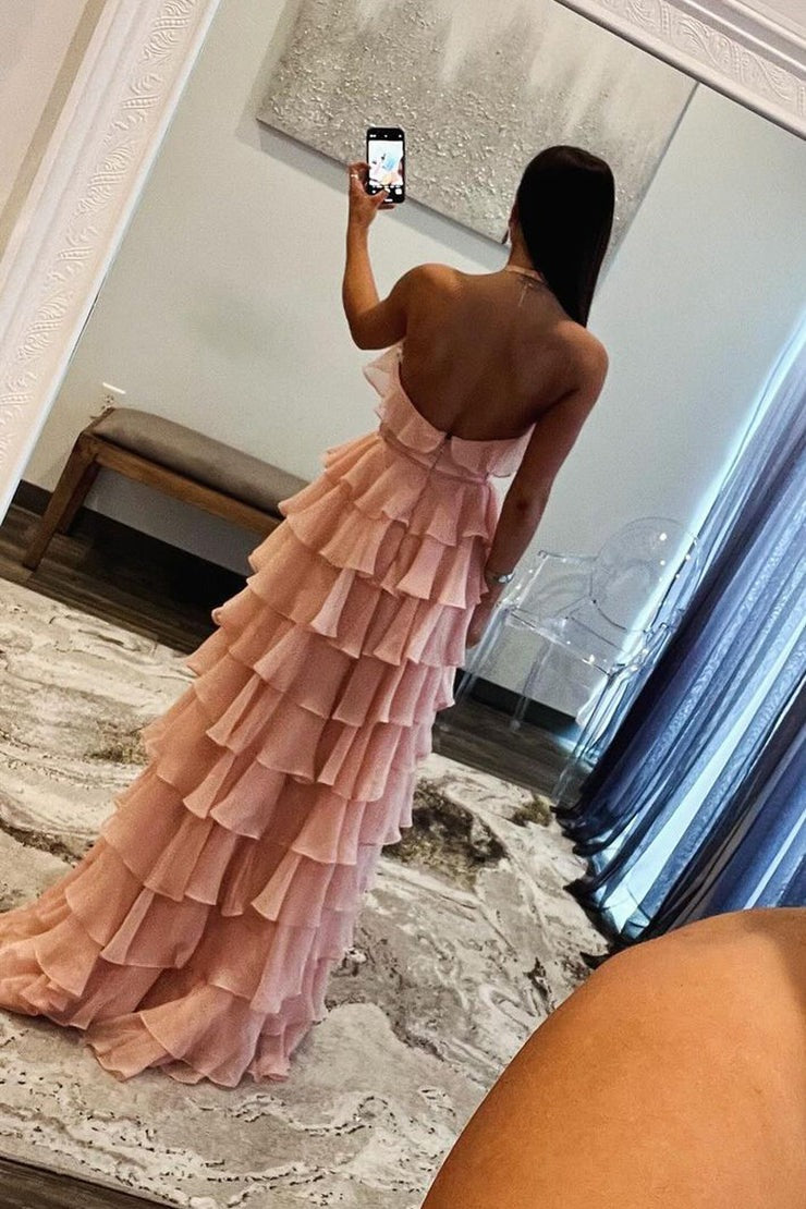 Halter Pink Ruffle Tiered Chiffon A-Line Long Prom Dress