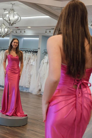 Sweetheart Pink Satin Mermaid Long Prom Dresses