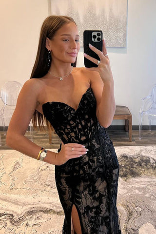 Lace Strapless  Prom Dress with Slit