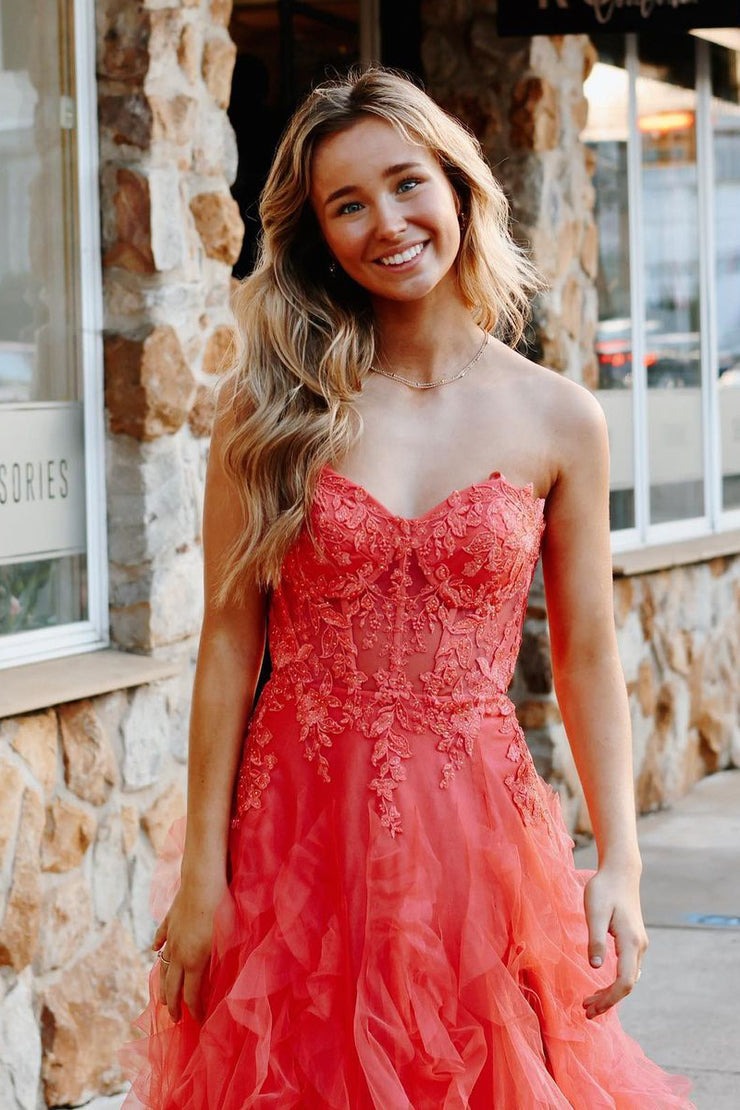 Cute Strapless Coral Ruffle Tulle  A-Line Long Prom Dress with Appliques