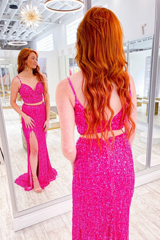 Sparkly Two Piece V Neck Sequins Long Prom Dresses with Fringes