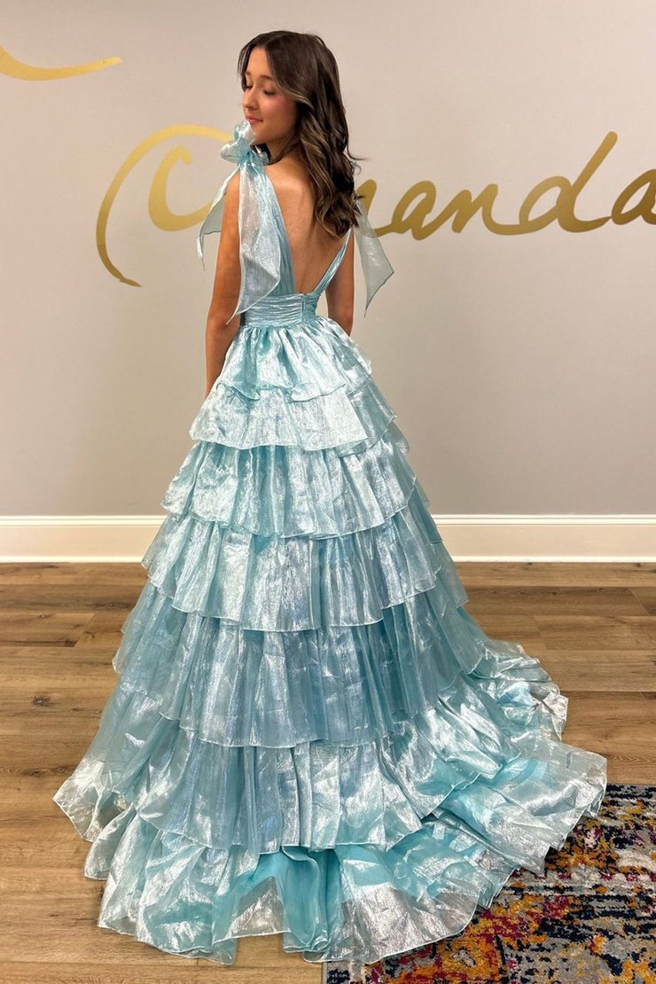 Charming V Neck Ruffle Tiered A Line Prom Dress with Bow