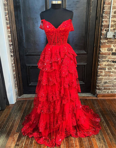 A-Line  Off-the-Shoulder Tiered Long Lace Prom Dress with Slit