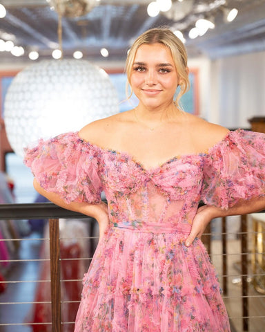 A Line Floral Tulle Off The Shoulder  Prom Dress