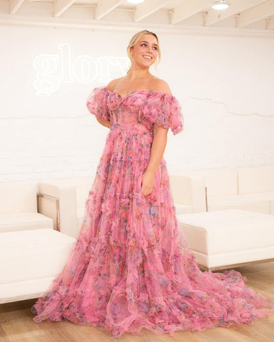 A Line Floral Tulle Off The Shoulder  Prom Dress
