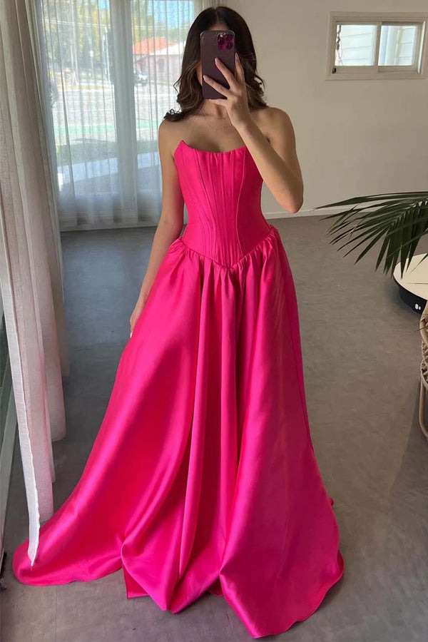 A-Line Strapless Corset Satin Hot Pink Crew Neck Prom Dress
