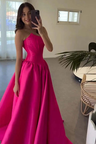 A-Line Strapless Corset Satin Hot Pink Crew Neck Prom Dress