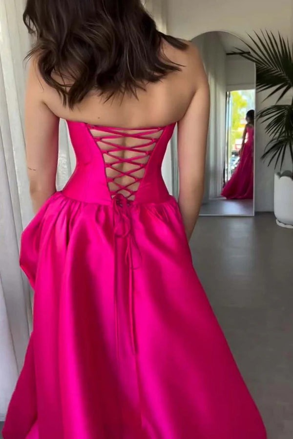 A-Line Strapless Corset Satin Hot Pink Crew Neck Prom Dress