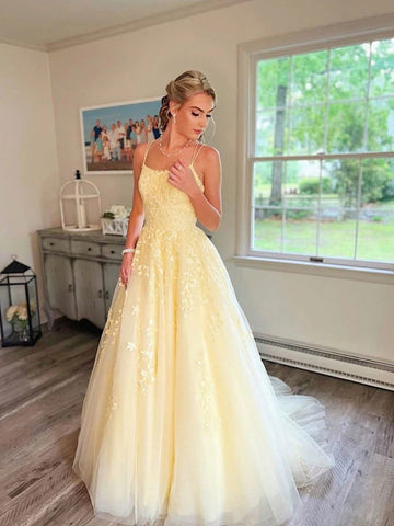 Yellow A line tulle lace long prom dress yellow tulle evening dress