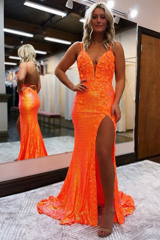 Mermaid Sequins V Neck  Prom Dress with Slit