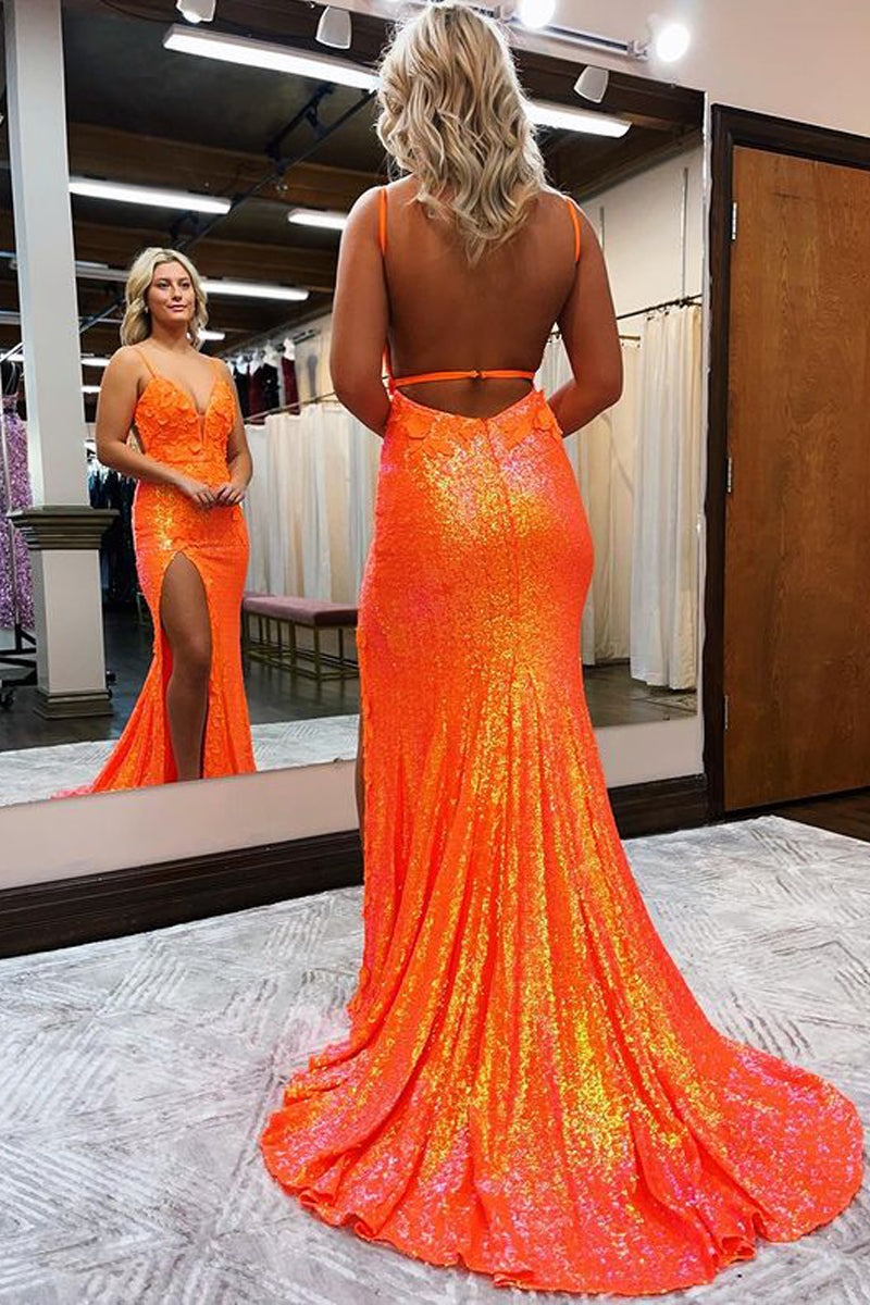 Mermaid Sequins V Neck  Prom Dress with Slit