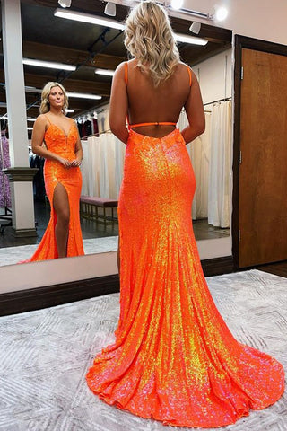 Mermaid Sequins V Neck  Prom Dress with Slit