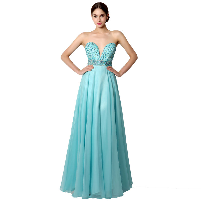 Turquoise Sweetheart Deep - V Neck Beaded Long Prom Dress, AJ003