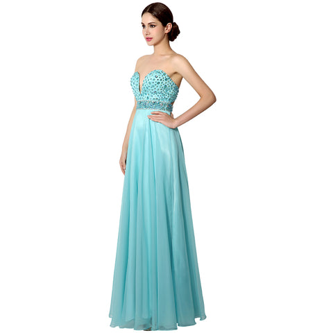 Turquoise Sweetheart Deep - V Neck Beaded Long Prom Dress, AJ003