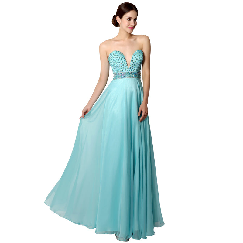 Turquoise Sweetheart Deep - V Neck Beaded Long Prom Dress, AJ003